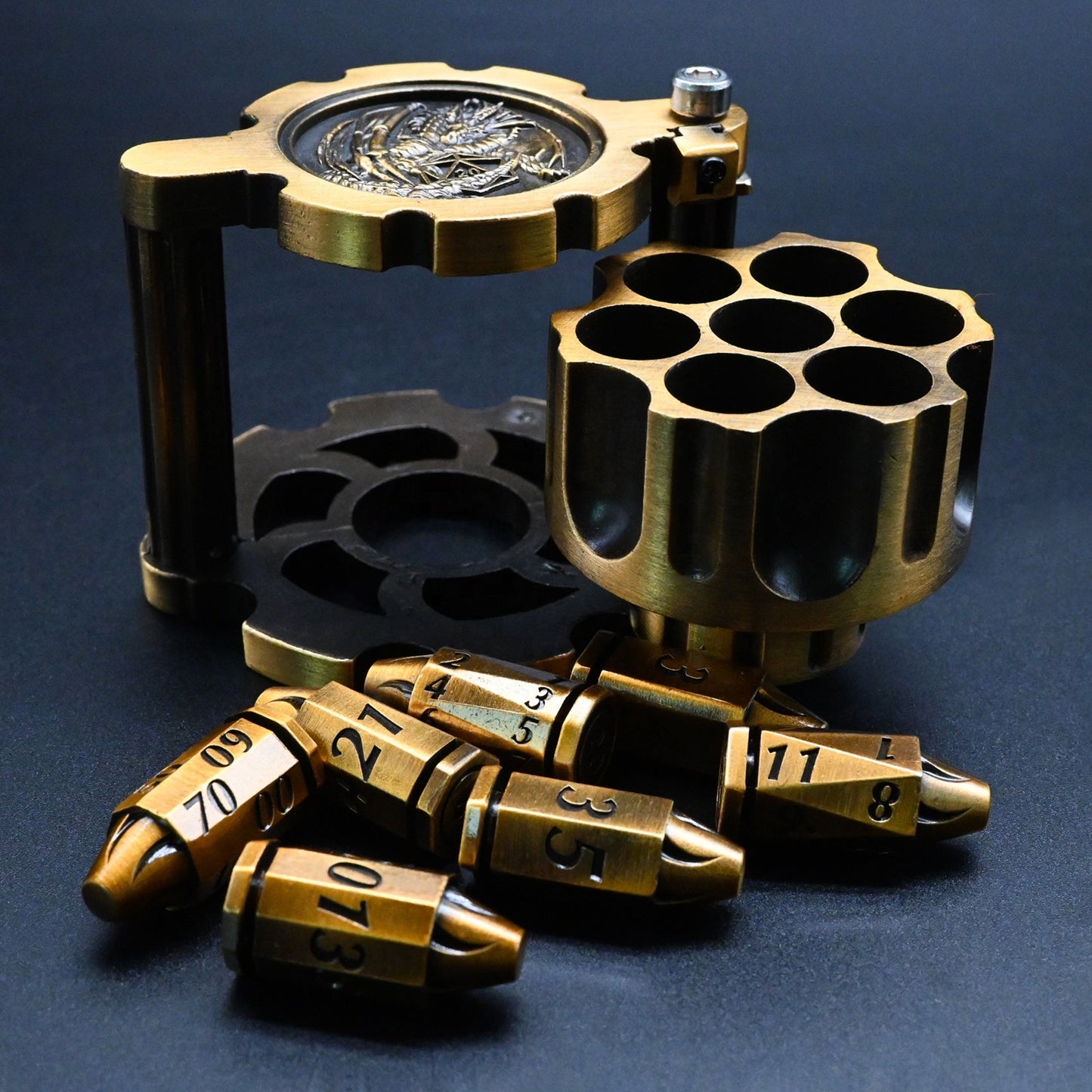Hexkammer | Antikes Gold | Kugelwürfel-Set mit rotierendem Revolverkoffer