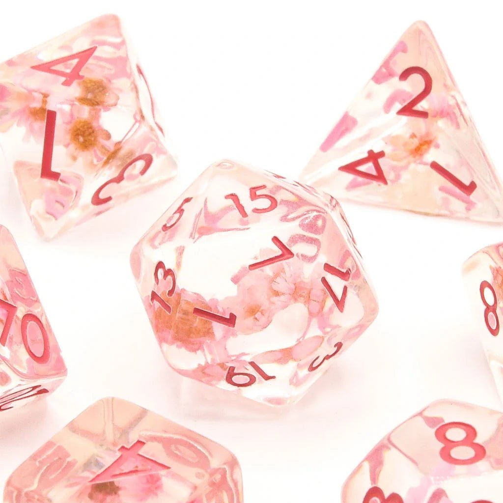 Cherry Blossoms | Resin Inclusion Dice | 7 Piece Set - Tabletop Dominion - We Print Miniatures