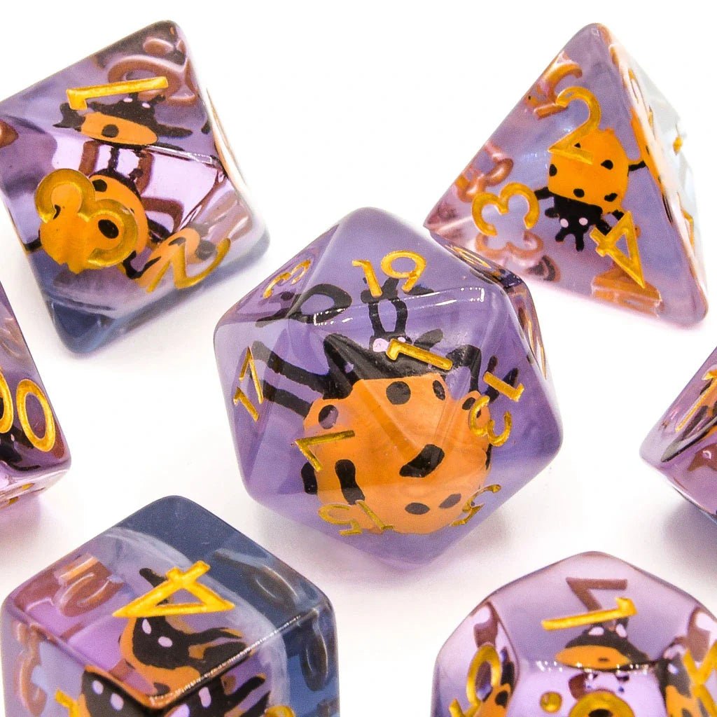 Yellow Ladybugs | Resin Inclusion Dice | 7 Piece Set - Tabletop Dominion - We Print Miniatures