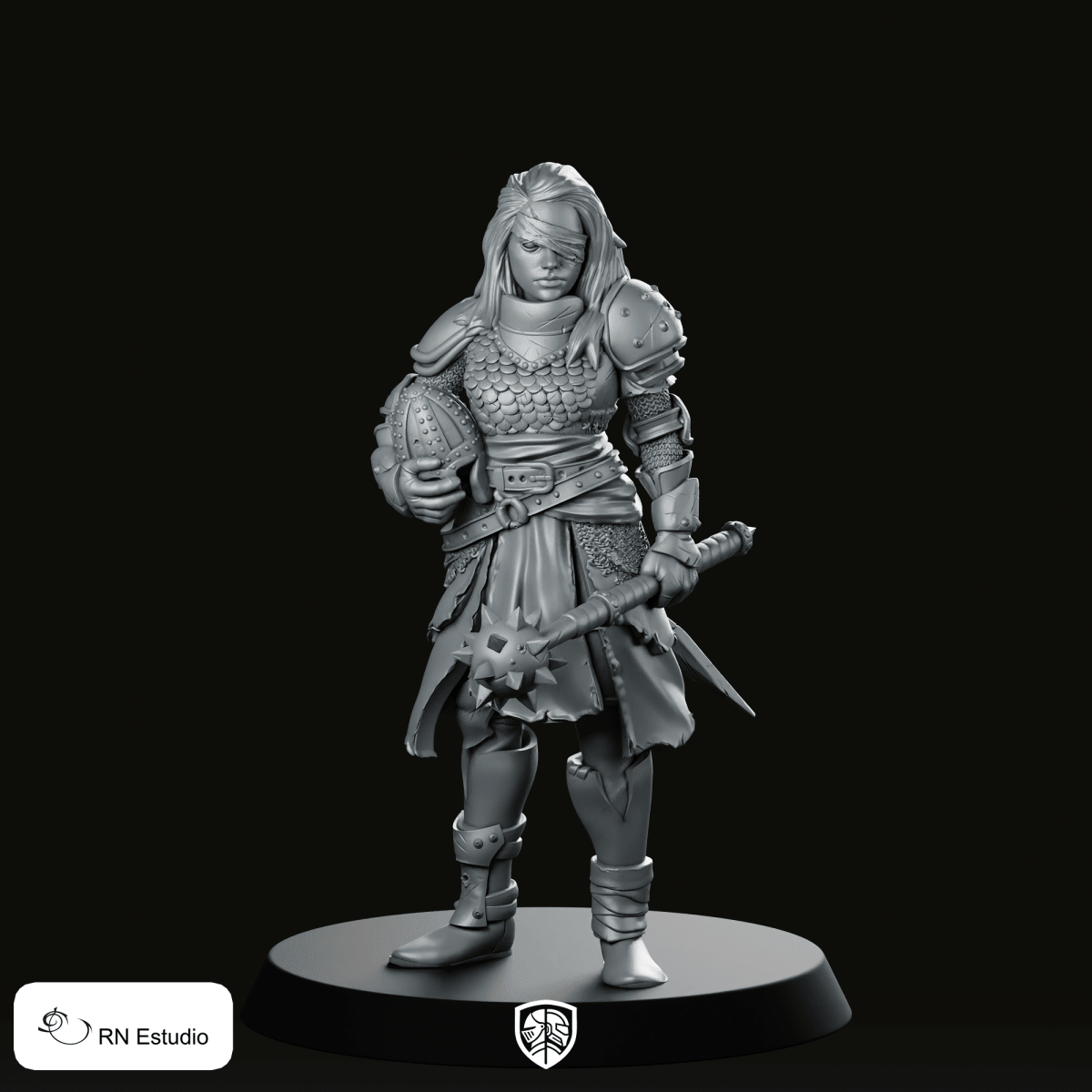 5 Petra Miniature Female Warrior Mace Armored RPG - RN Estudio - We Print Miniatures