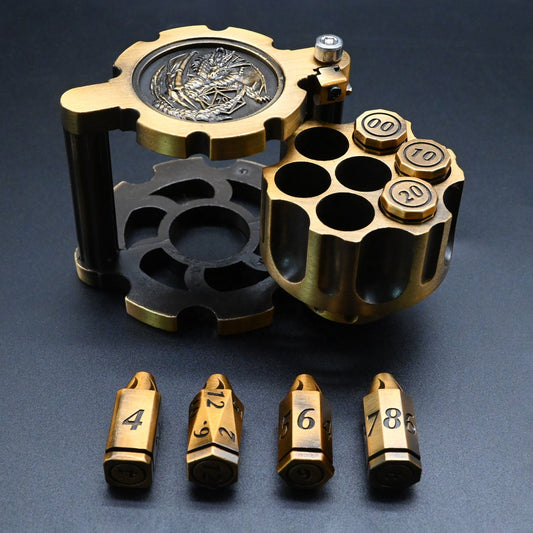 Hexkammer | Antikes Gold | Kugelwürfel-Set mit rotierendem Revolverkoffer