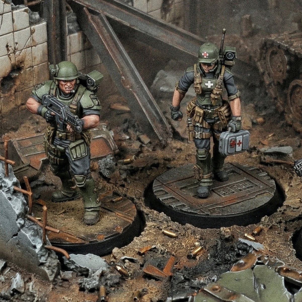 Painted sci-fi troopers on a ruined battlefield