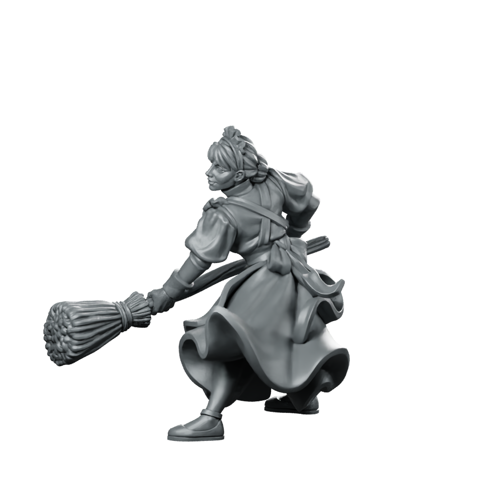Angry Maid Fantasy Miniature Broomfighter D&D NPC Miniature 360 Spin 01