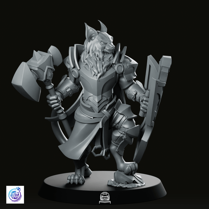 Catfolk Paladin A Miniature Armored Warrior Hammer Shield