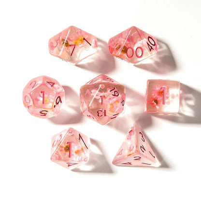 Cherry Blossoms | Resin Inclusion Dice | 7 Piece Set - Tabletop Dominion - We Print Miniatures