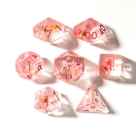 Cherry Blossoms | Resin Inclusion Dice | 7 Piece Set - Tabletop Dominion - We Print Miniatures