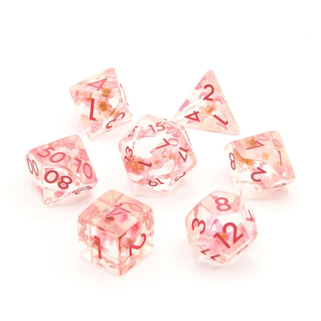 Cherry Blossoms | Resin Inclusion Dice | 7 Piece Set - Tabletop Dominion - We Print Miniatures