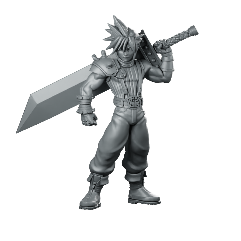 Fantasy Claude JRPG Miniature Spiky Haired Greatsword Warrior Miniature 360 Spin 01