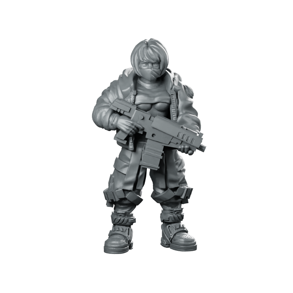 Cyberpunk Girl Set A Submachinegun Masked Operative Miniature 360 Spin 01