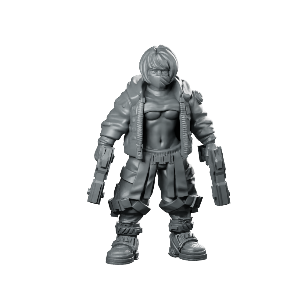 Cyberpunk Girls Double Handgun Down Cyber Mercenary Miniature 360 Spin 01