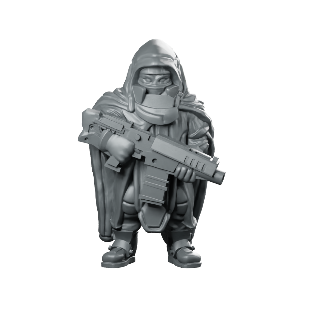 Cyberpunk Poncho Submachinegun Hooded Rifle Operative Miniature 360 Spin 01