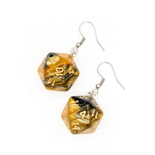 D20 Earrings | Brown & Yellow Swirl - Tabletop Dominion - We Print Miniatures