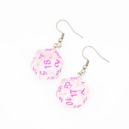 D20 Earrings | Clear with Pink Font - Tabletop Dominion - We Print Miniatures