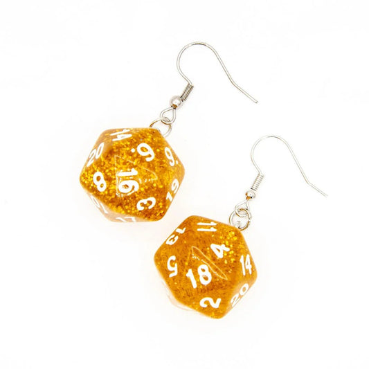 D20 Earrings | Gold Sparkle - Tabletop Dominion - We Print Miniatures