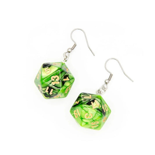 D20 Earrings | Green & Black Swirl - Tabletop Dominion - We Print Miniatures