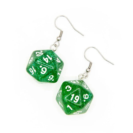 D20 Earrings | Green Sparkle - Tabletop Dominion - We Print Miniatures