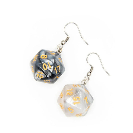 D20 Earrings | Grey & White Swirl - Tabletop Dominion - We Print Miniatures
