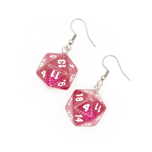 D20 Earrings | Pink Sparkle - Tabletop Dominion - We Print Miniatures