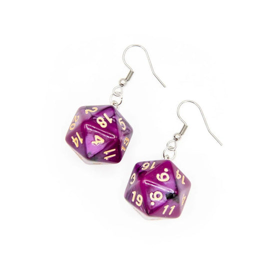 D20 Earrings | Purple & Black Swirl - Tabletop Dominion - We Print Miniatures