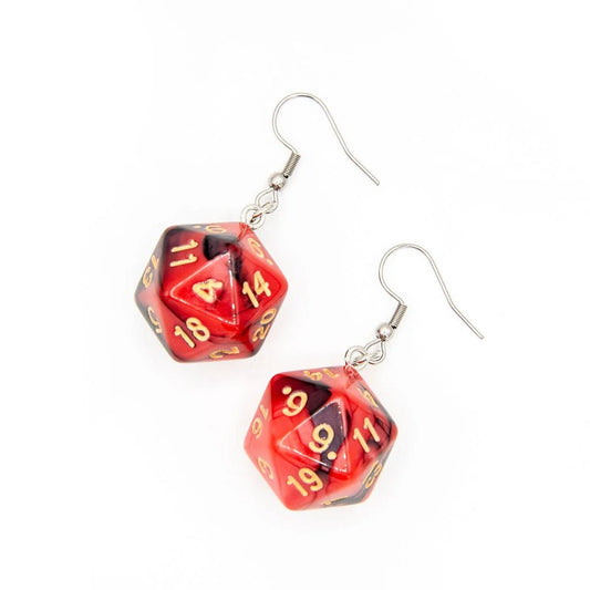 D20 Earrings | Red & Black Swirl - Tabletop Dominion - We Print Miniatures