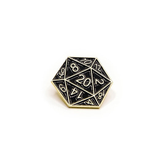 D20 Pin Badge | Black & Gold - Tabletop Dominion - We Print Miniatures