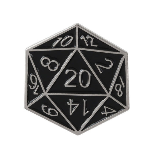 D20 Pin Badge | Black & Silver - Tabletop Dominion - We Print Miniatures