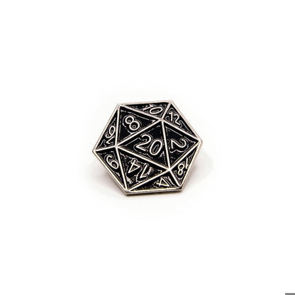 D20 Pin Badge | Black & Silver - Tabletop Dominion - We Print Miniatures