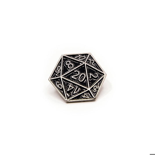 D20 Pin Badge | Black & Silver - Tabletop Dominion - We Print Miniatures