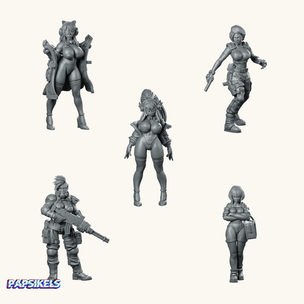 Danger Girls & Cyberpunk Operatives Bundle | 5 Sci-Fi Resin Miniatures by Papsikels