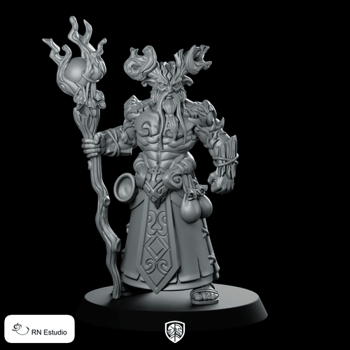Druid Aerline Fantasy Miniature Horned Staff Mage - RN Estudio - We Print Miniatures