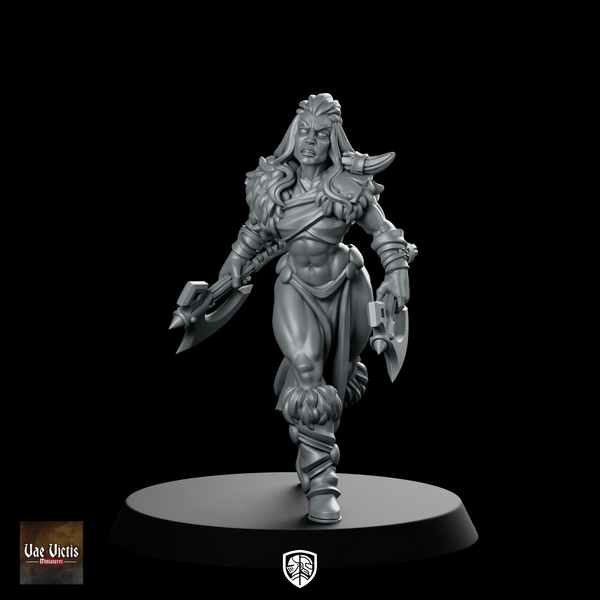 Female Barbarian with Axes Fantasy Miniature Fierce Warrior