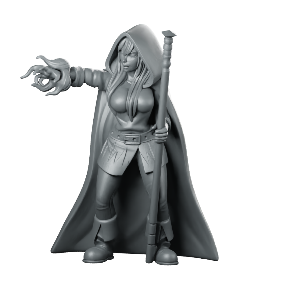 Female Mage Sorceress Miniature Hooded Staff Spellcaster Wizard Miniature 360 Spin 01
