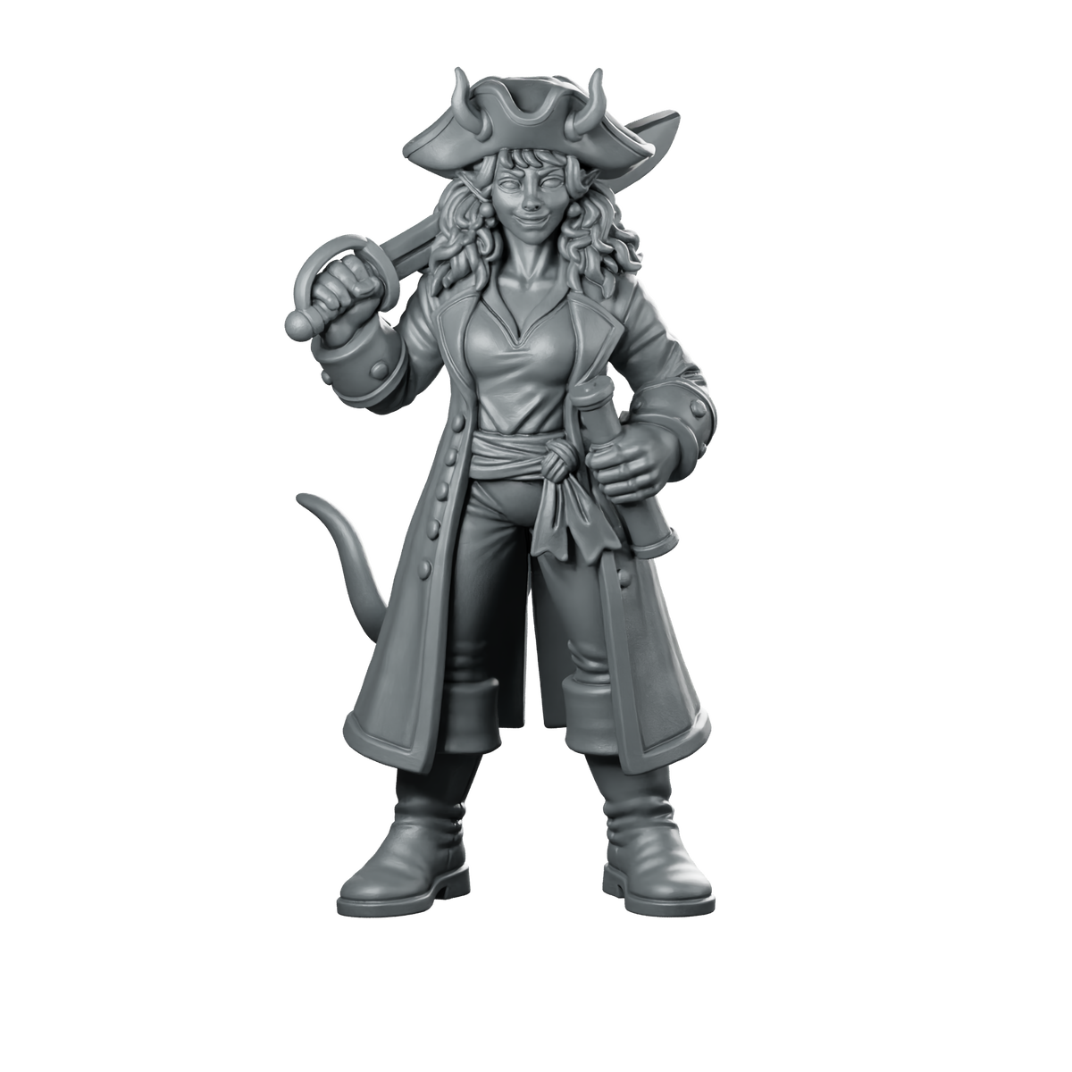 Female Tiefling Pirate Captain Miniature Cutlass Tricorn Miniature 360 Spin 01