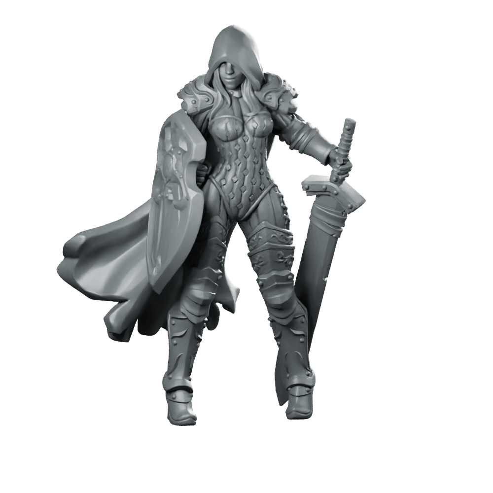 Female Warden 05 Miniature Hooded Shieldmaiden Paladin - Galaad - We Print Miniatures