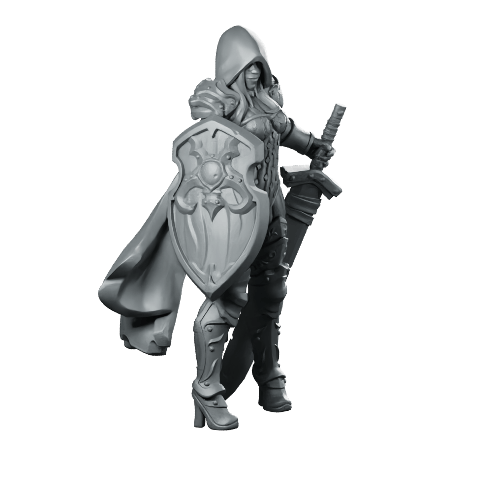 Female Warden 05 Miniature Hooded Shieldmaiden Paladin - Galaad - We Print Miniatures