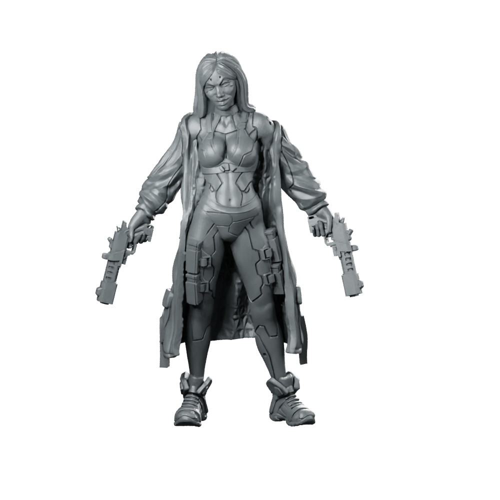 Flames Cyberpunk Miniature Dual-Pistol Female Ganger Operative Miniature 360 Spin 01