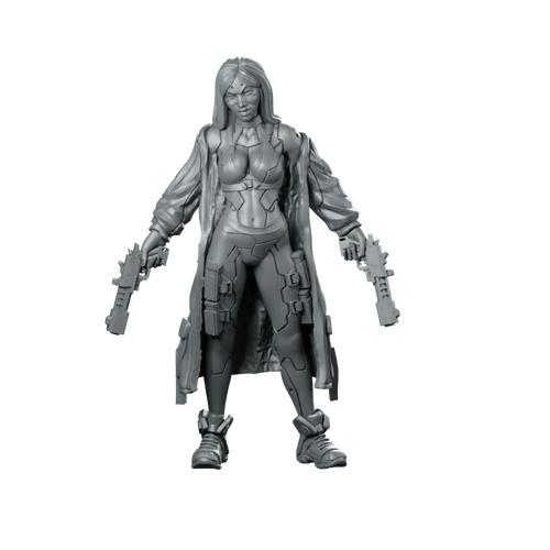 Flames Cyberpunk Miniature Dual-Pistol Female Ganger Operative Miniature 360 Spin 01