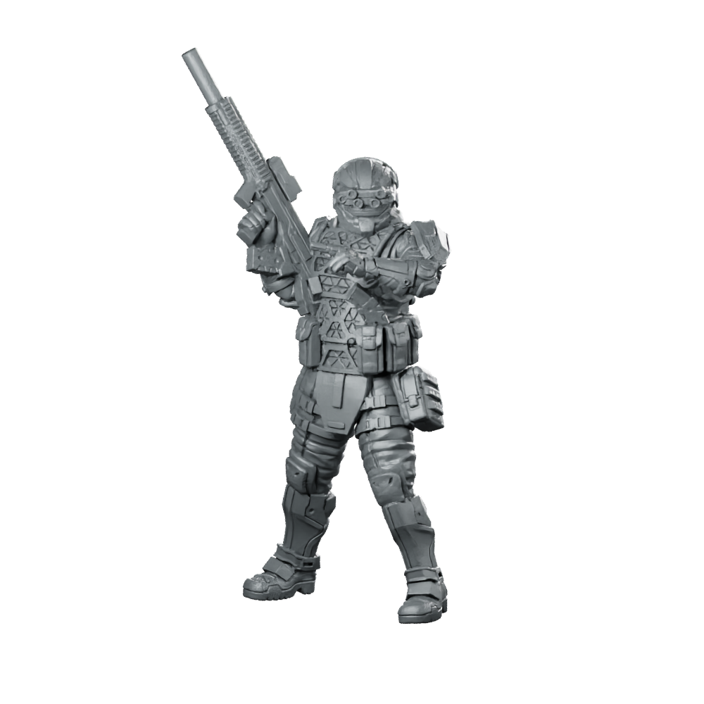 Frostbyte Cyberpunk Miniature Tactical Soldier Rifle Trooper Miniature 360 Spin 01