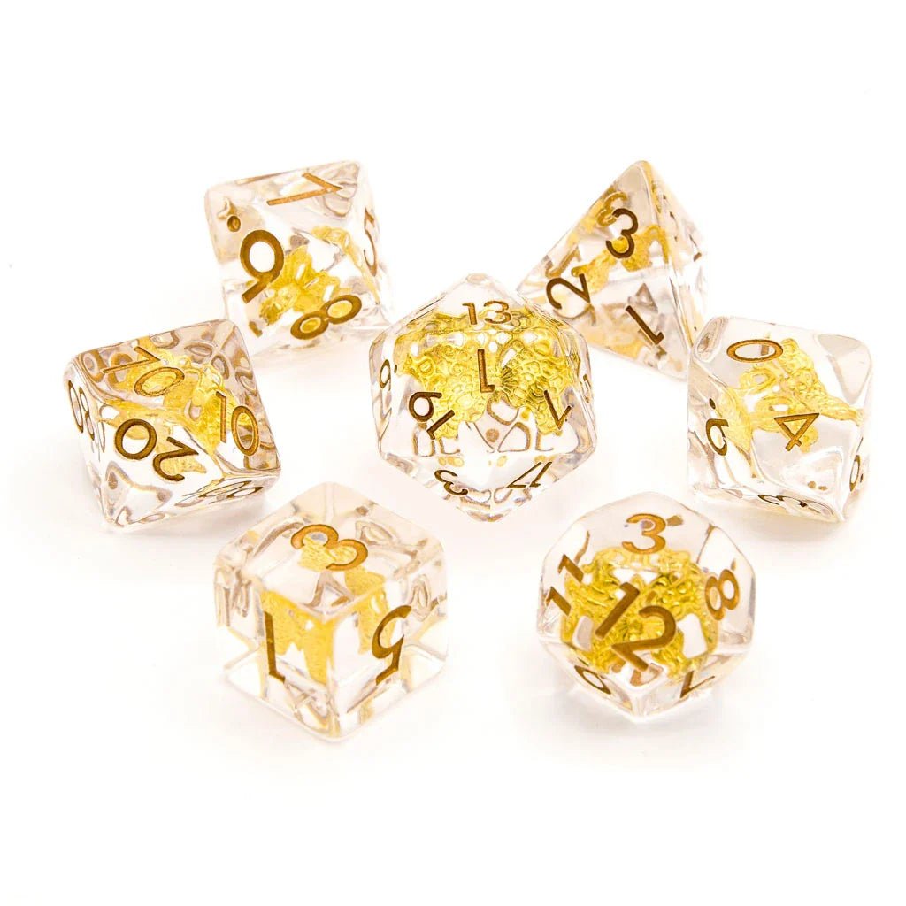 Gold Butterfly | Resin Inclusion Dice | 7 Piece Set - Tabletop Dominion - We Print Miniatures