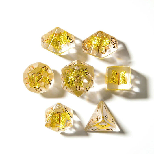 Gold Butterfly | Resin Inclusion Dice | 7 Piece Set - Tabletop Dominion - We Print Miniatures