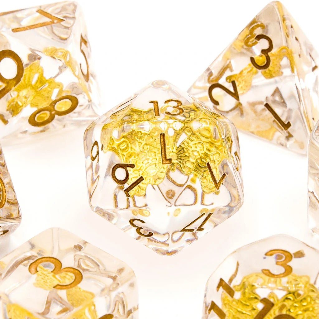 Gold Butterfly | Resin Inclusion Dice | 7 Piece Set - Tabletop Dominion - We Print Miniatures