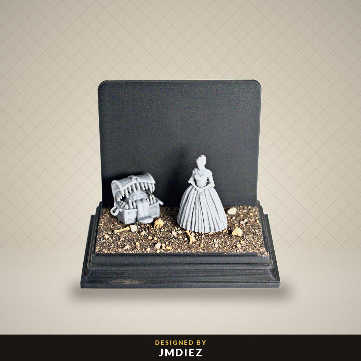 Size example: GrimDark display stand shown with two 32mm miniatures
