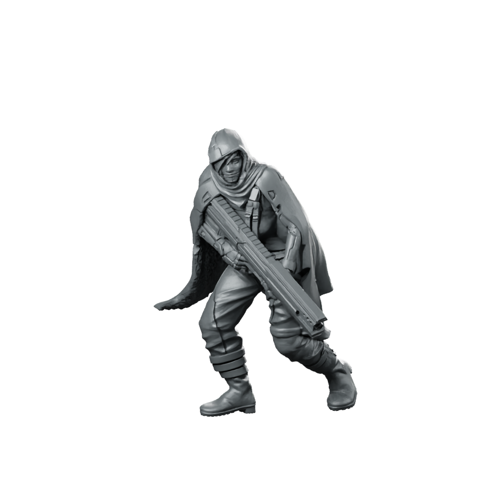 Hellen 02 Nomads Cyberpunk Miniature Cloaked Gunner Miniature 360 Spin 01