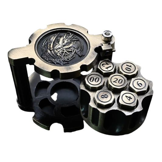 Hexchamber | Ancient Brass | Bullet Dice Set with Spinning Revolver Case - Tabletop Dominion - We Print Miniatures