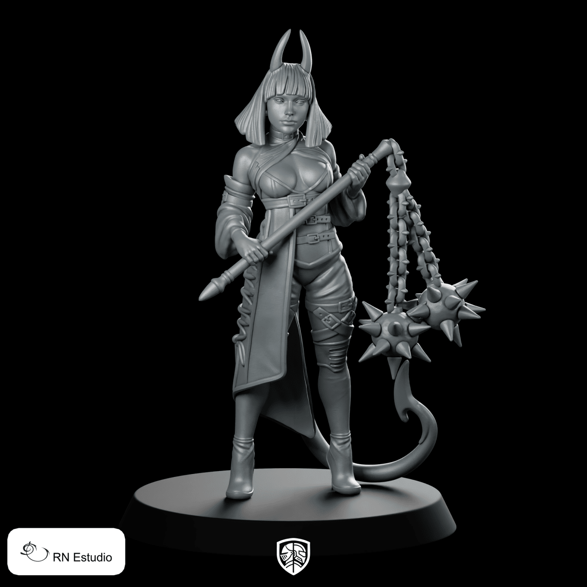Lilith Ironthorn Miniature Horned Chain Flail Warrior - RN Estudio - We Print Miniatures