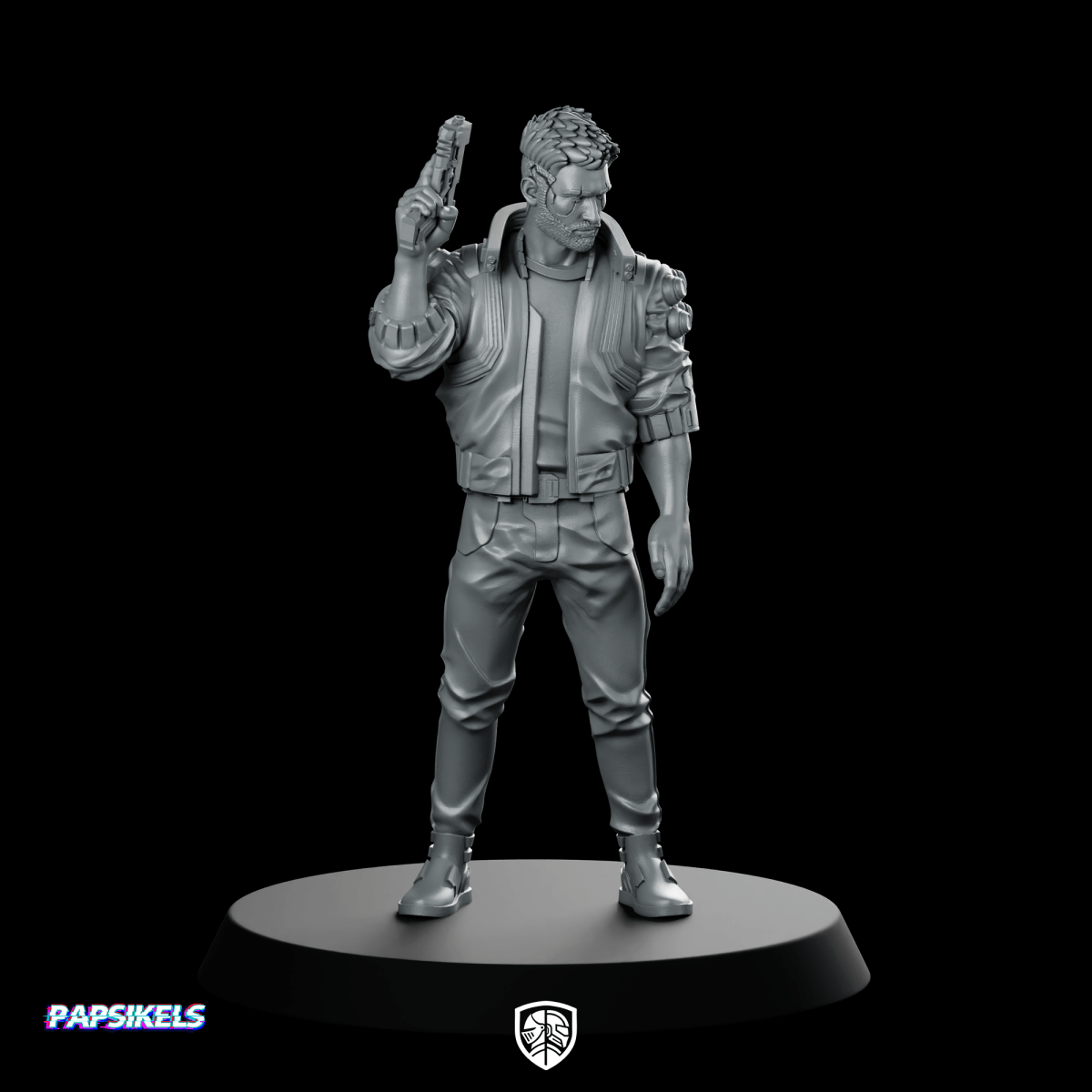 Male V Mercenary Miniature Cyberpunk Pistol Gunman - Papsikels Miniatures - We Print Miniatures