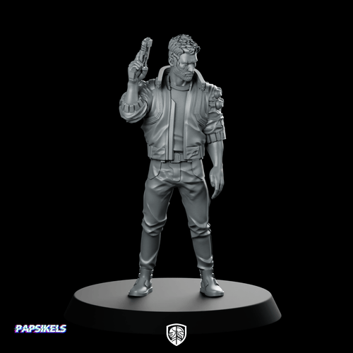 Male V Mercenary Miniature Cyberpunk Pistol Gunman - Papsikels Miniatures - We Print Miniatures