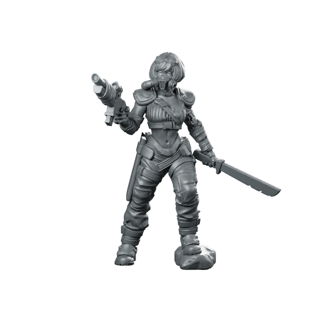 Melizza Habiu Outcast Blade Miniature Sci-Fi Gasmask Warrior Miniature 360 Spin 01