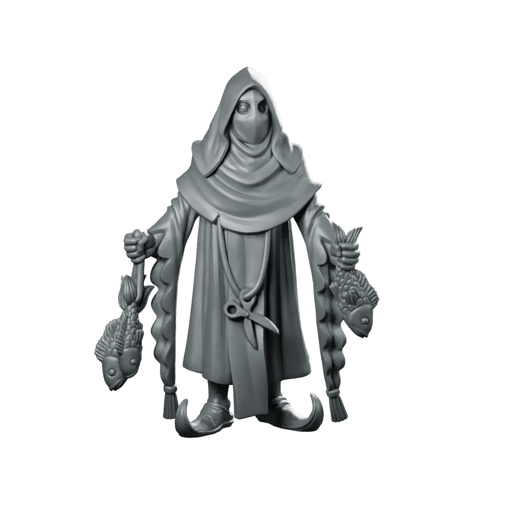 Mysterious Fish Vendor Miniature Hooded Masked NPC Merchant - Vae Victis - We Print Miniatures
