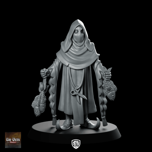 Mysterious Fish Vendor Miniature Hooded Masked NPC Merchant - Vae Victis - We Print Miniatures
